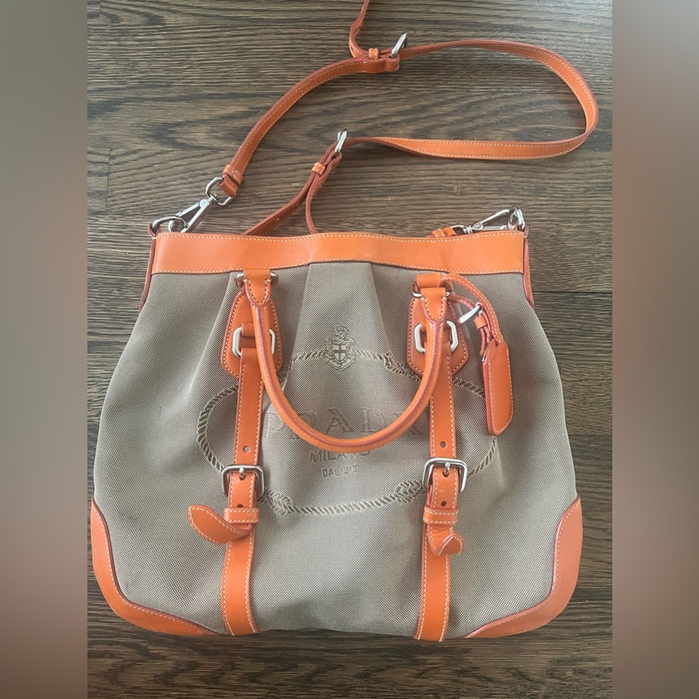 Authentic Vintage Prada Jacquard Crossbody tan with orange straps leather